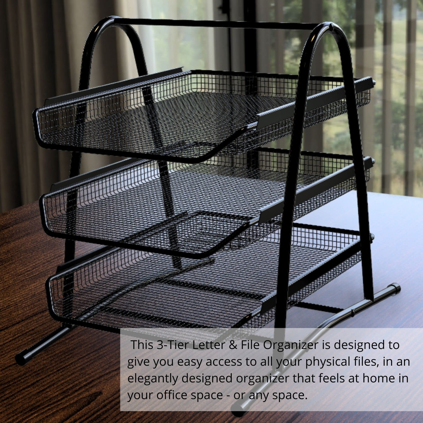 Stackable Paper Tray Organizer 3 Tier Black Metal Legal Size 14×8.5 Inch Rack