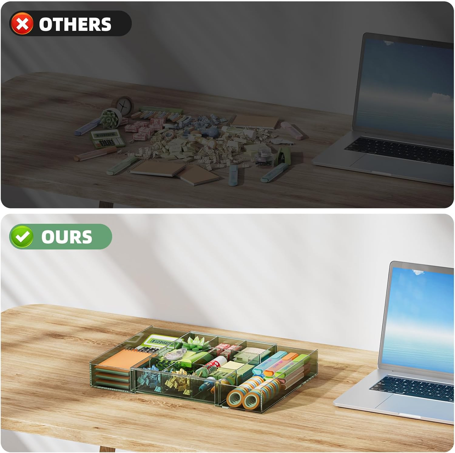 Expandable Desk Drawer Organizer, Clear Plastic Drawer Organizer Tray with 10 Ad