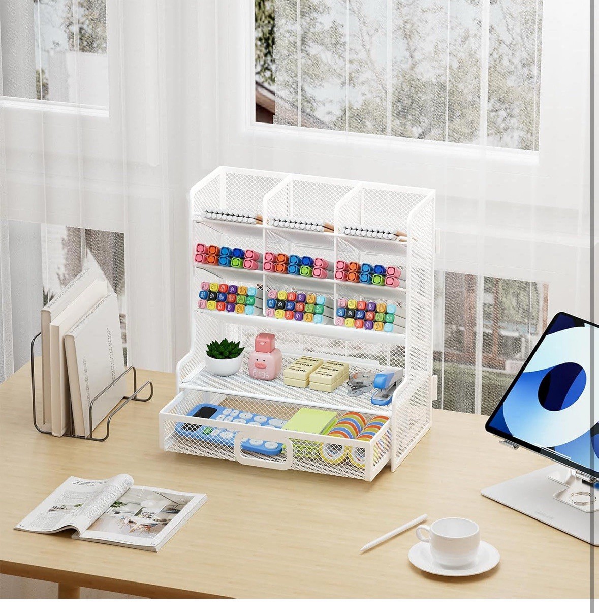 Marbrasse Larger Mesh Desk Organizer with Drawer, Multi-Functional Pen Pencil
