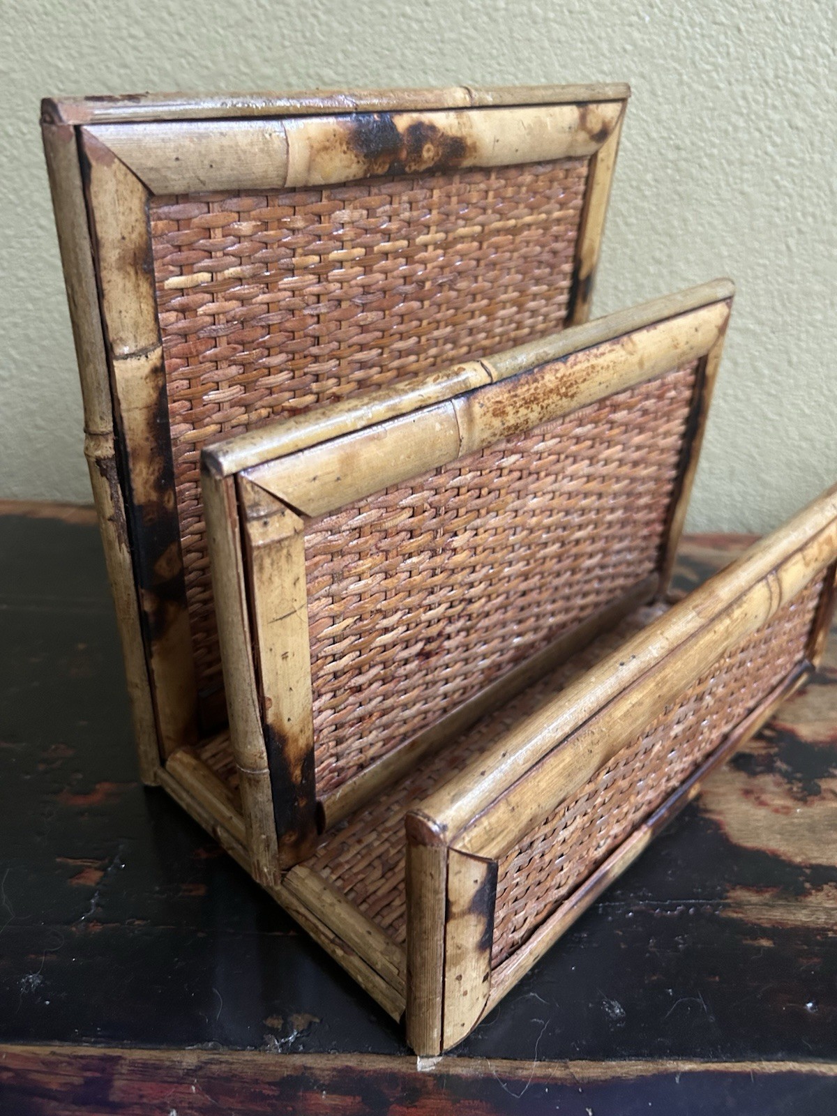 Vintage Coastal Boho Rattan Bamboo Letter Holder Desk Organizer