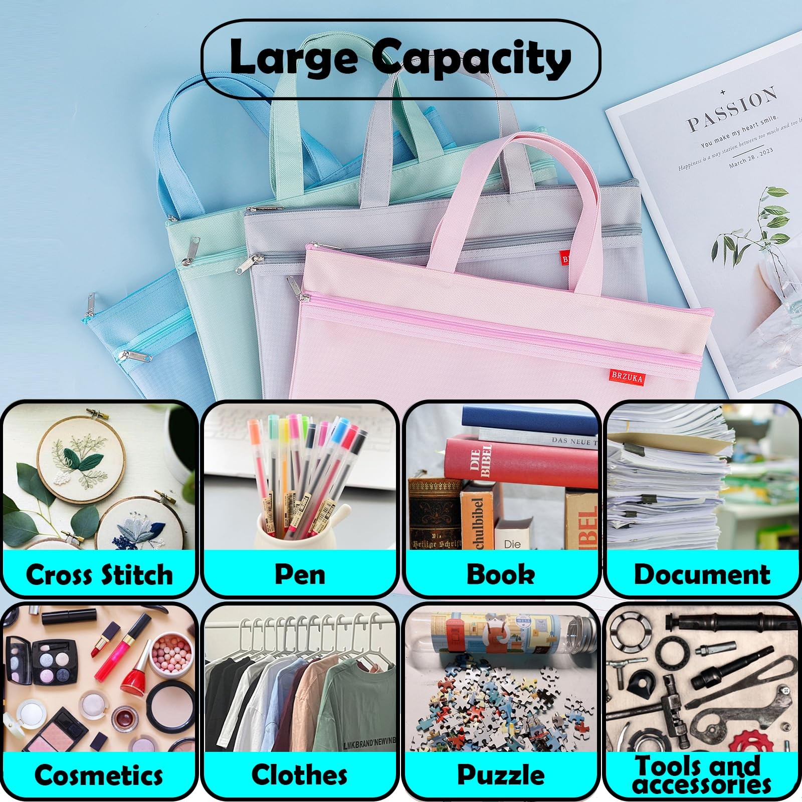 Mesh Zipper Pouch 11×13.7 in, A4 Double Pocket Waterproof File Bag with Handl…