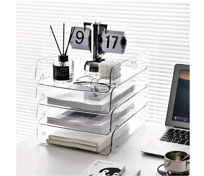 4 Pack Paper Organizer for Desk Clear Stackable Sray Office for Notes Pens File