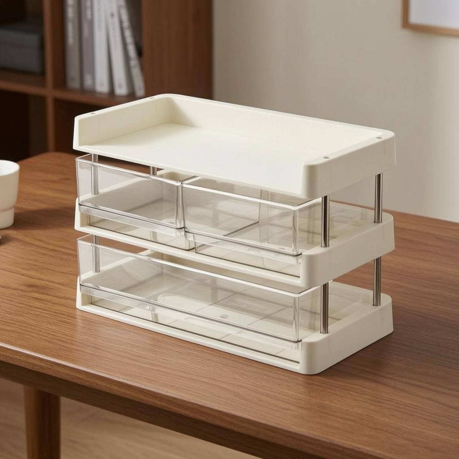 Desktop Storage Rack Transparent Compartments Layered Shelf Organizer Metal