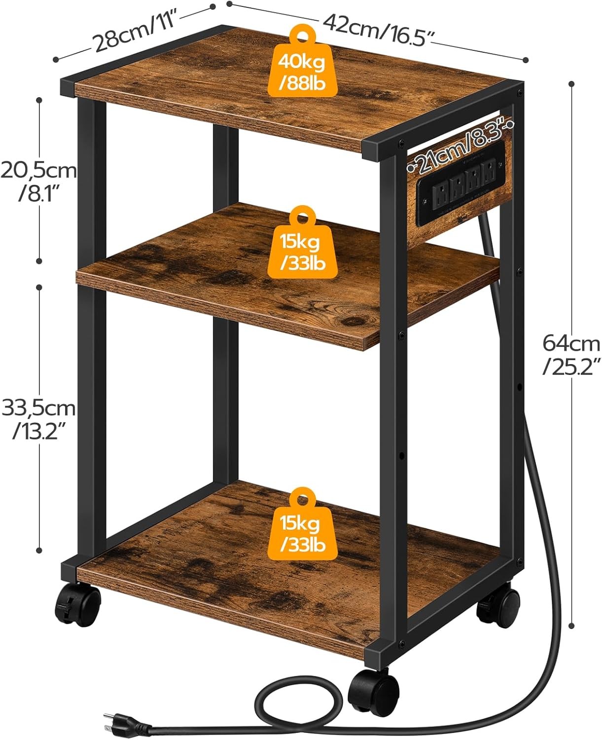 HOOBRO Industrial Printer Stand with Charging Station, Rustic Brown + Black