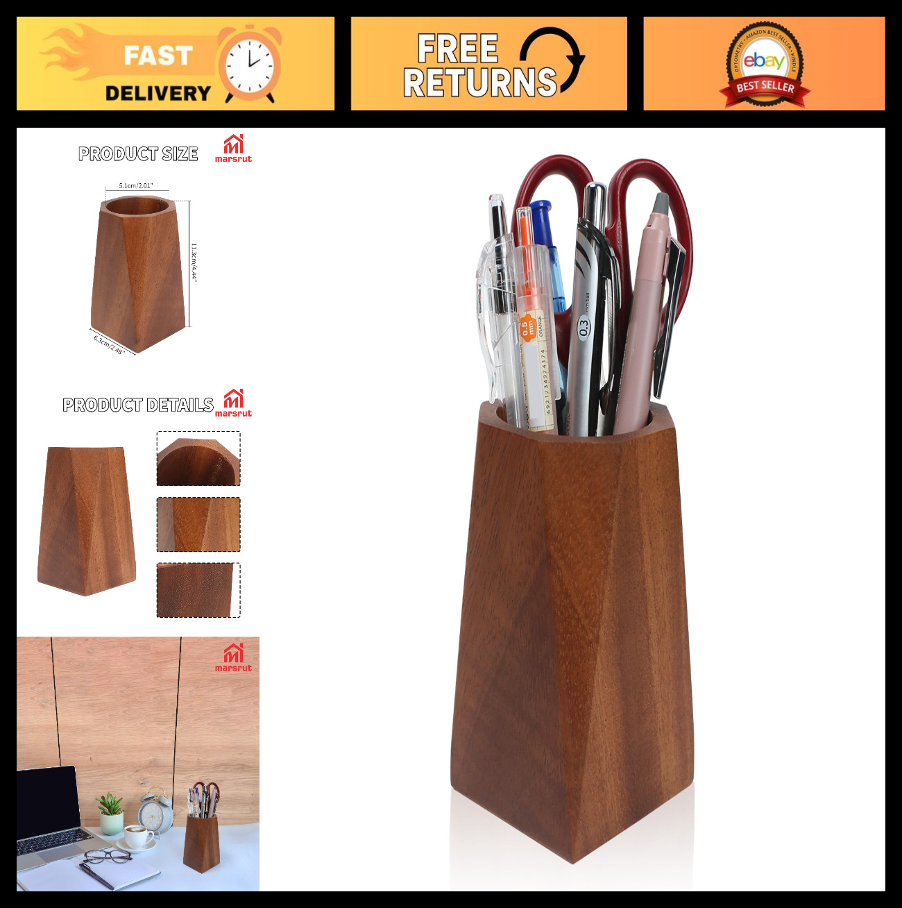 Natural Wood Pencil Holder – Octagonal Desk Organizer for Home, Office & Makeup