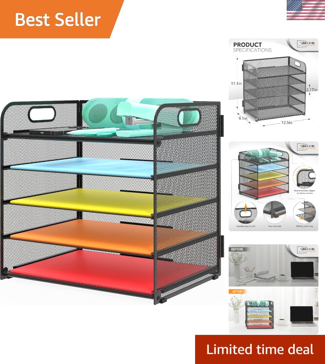 Lightweight Metal 5-Tier Desk Organizer with Pull-Out Trays – Stylish Black
