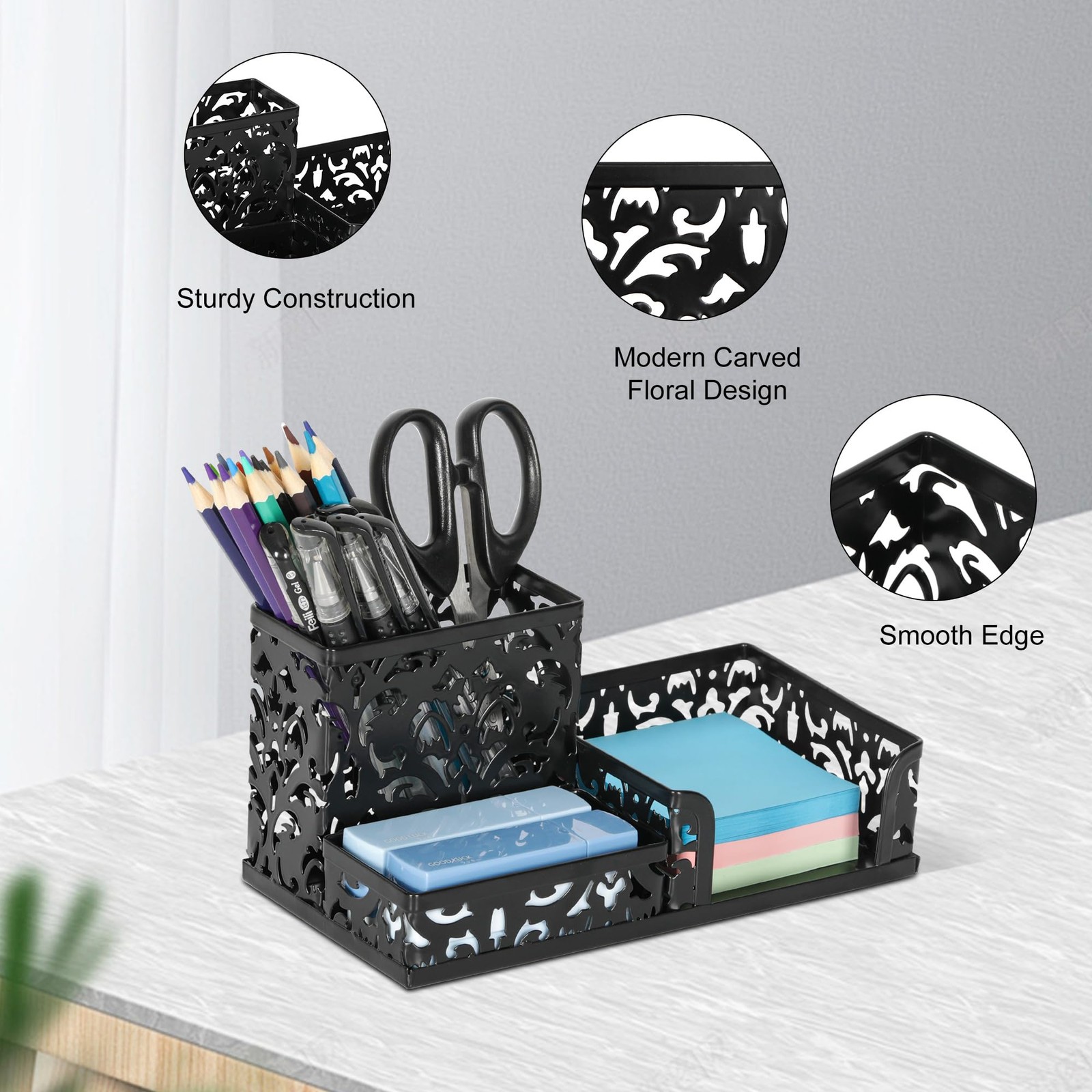 Desk Organizer with 3 Compartments for Pens Sticky Notes Office Supplies