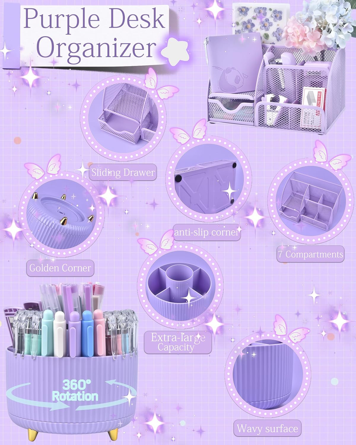 Purple Desk Accessories and Organizers with Desk Organizer and 360°Rotating Pen