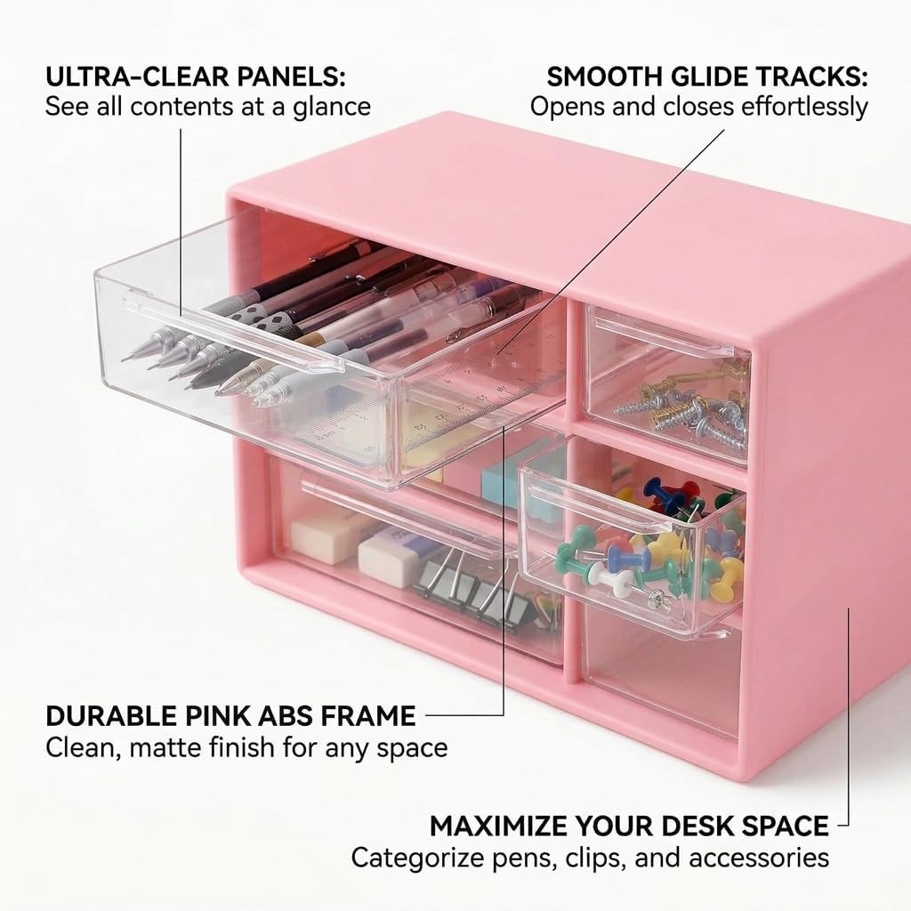 Small Drawer Organizer for Desk with 6 Clear Drawers, Mini Desktop Storage Box P