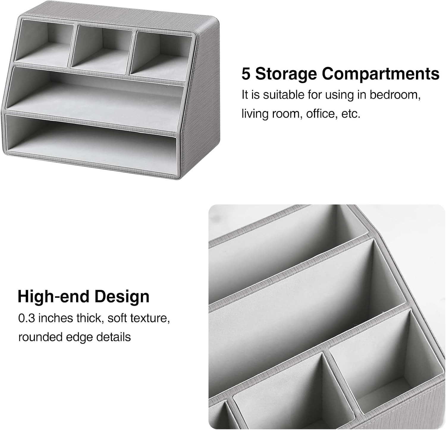 Luxury PU Leather Desk Organizer & Remote Holder – Grey Caddy for Home & Office