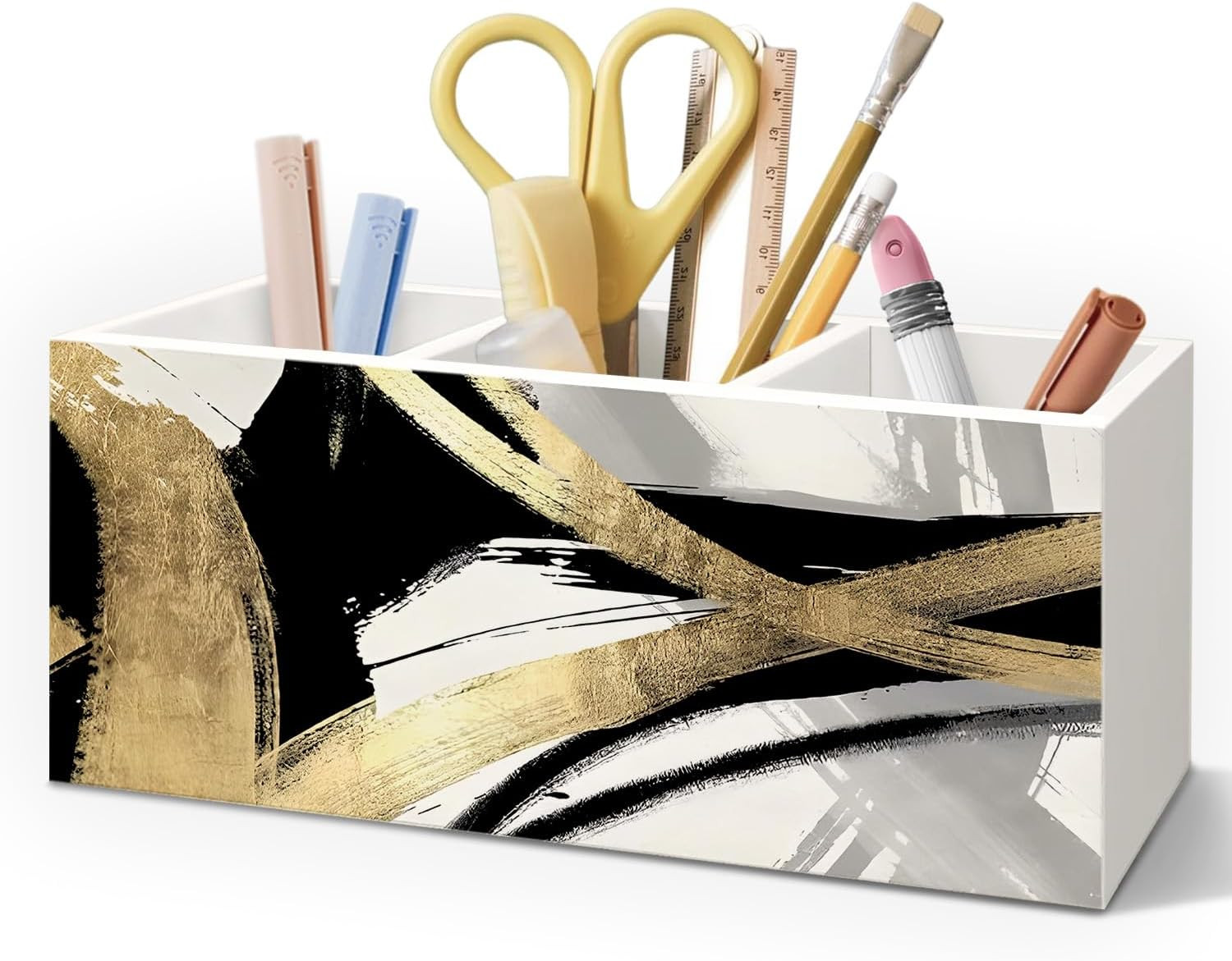 Black White and Gold Pen Pencil Holder for Boho Modern Desk Decor, Abstract Blac