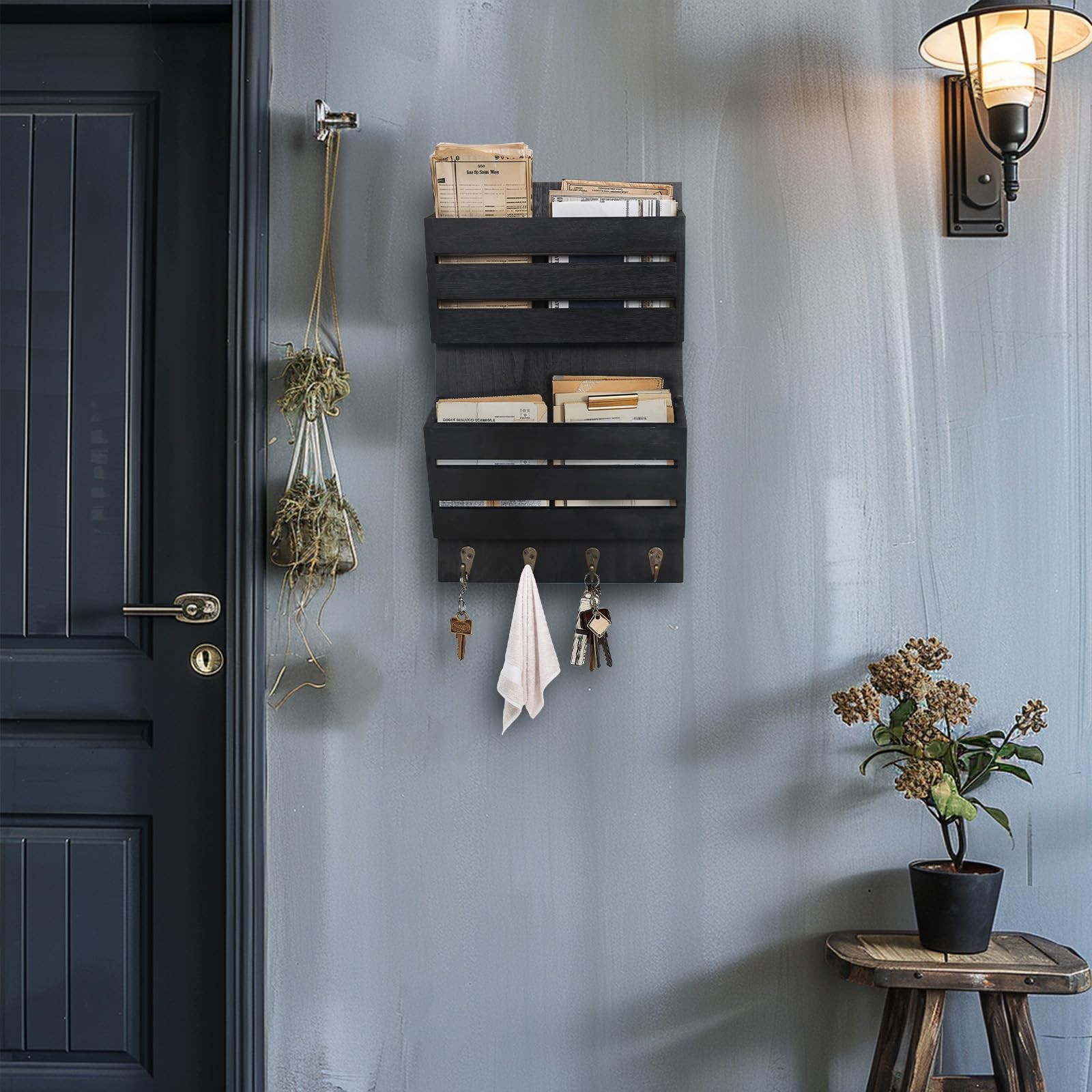 Mail Organizer Wall Mount with 4 Key Hooks, Rustic Wooden Hanging Mail Sorter…