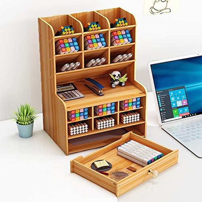 Wooden Desk Stationary Organizer, Multi-Functional Pen Holder, Storage Rack for