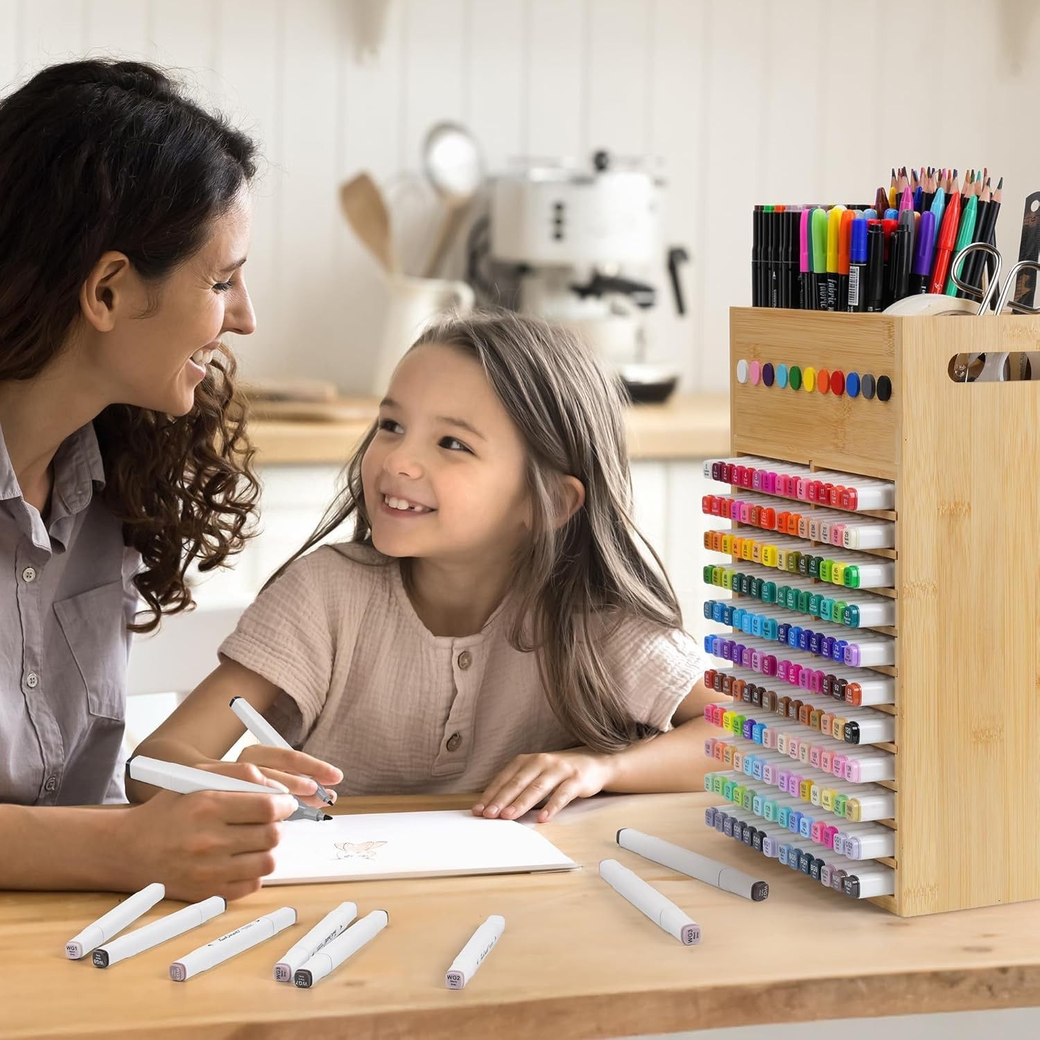 Marker Organizer for Desk – 154 Capacity Wooden Marker Holder – Ergonomic Han…