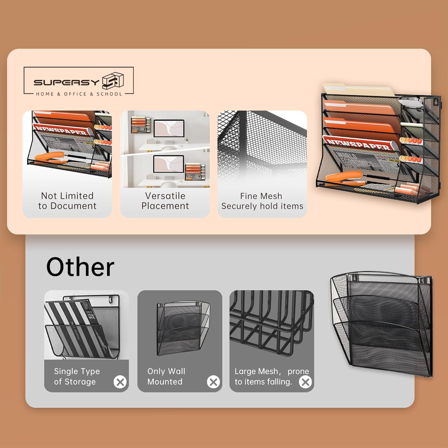 Wall File Organizer, 5-Tier Office Wall Organizer with 4 Pen Holders, Wall Organ