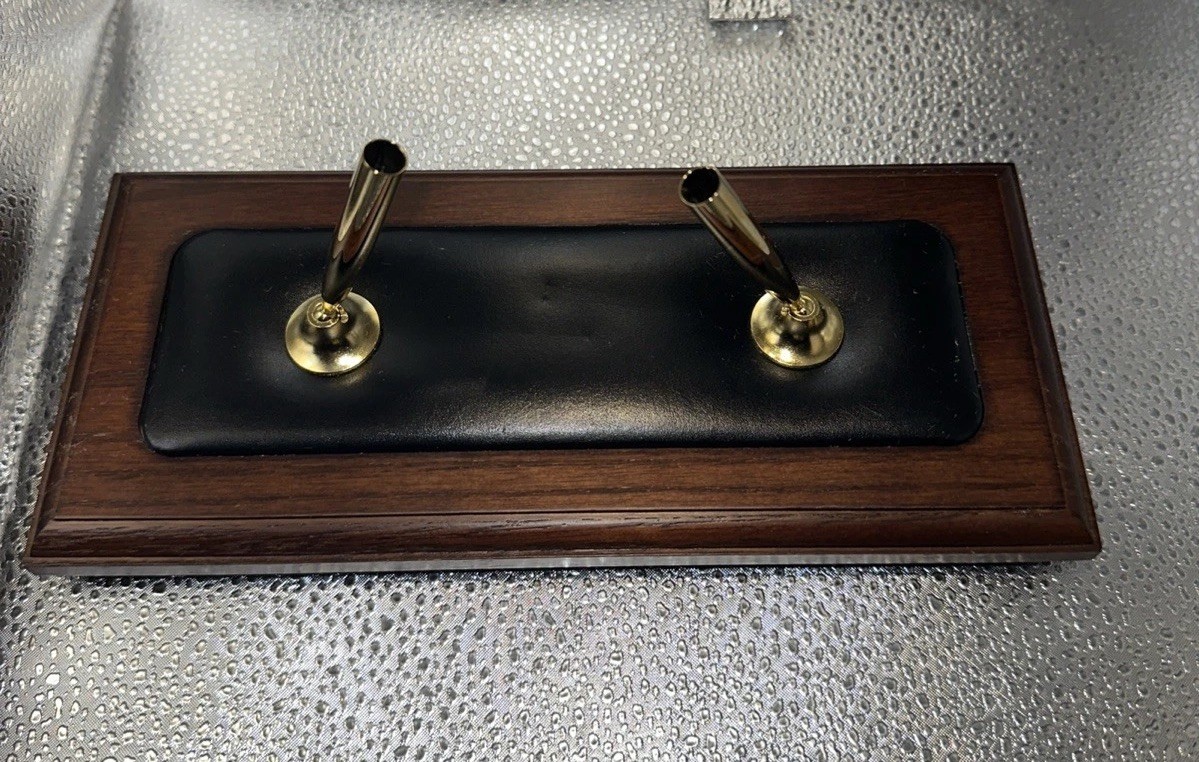 Elegant Walnut & Black Leather Double Pen Stand with Rolling Ball Pen Decor 9.5”