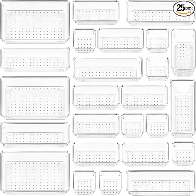 25PCS 4-Size Clear Plastic Versatile Bathroom and Vanity Drawer Organizer Trays