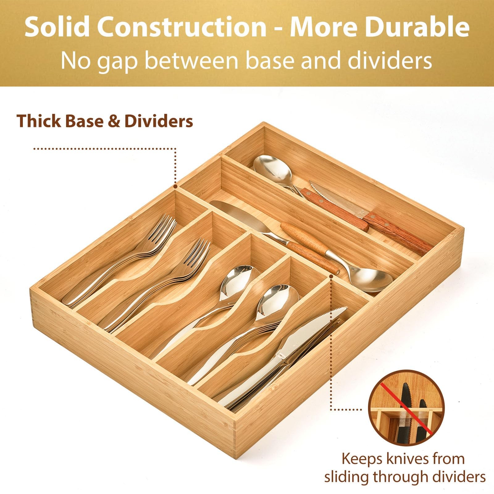 Bamboo Kitchen Drawer Organizer, 13 Inch Silverware Utensil Tray Holder, Extra