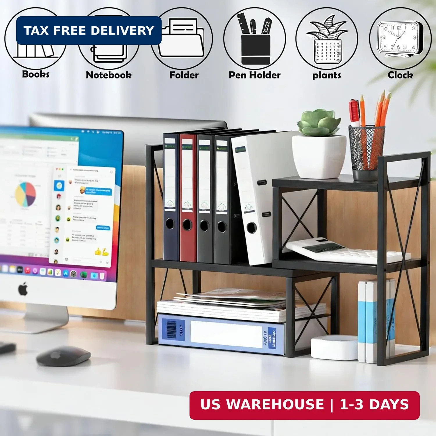 Expandable Desktop Shelf Organizer, 2 Tier Wood Desk Shelf for Office, Metal Cor
