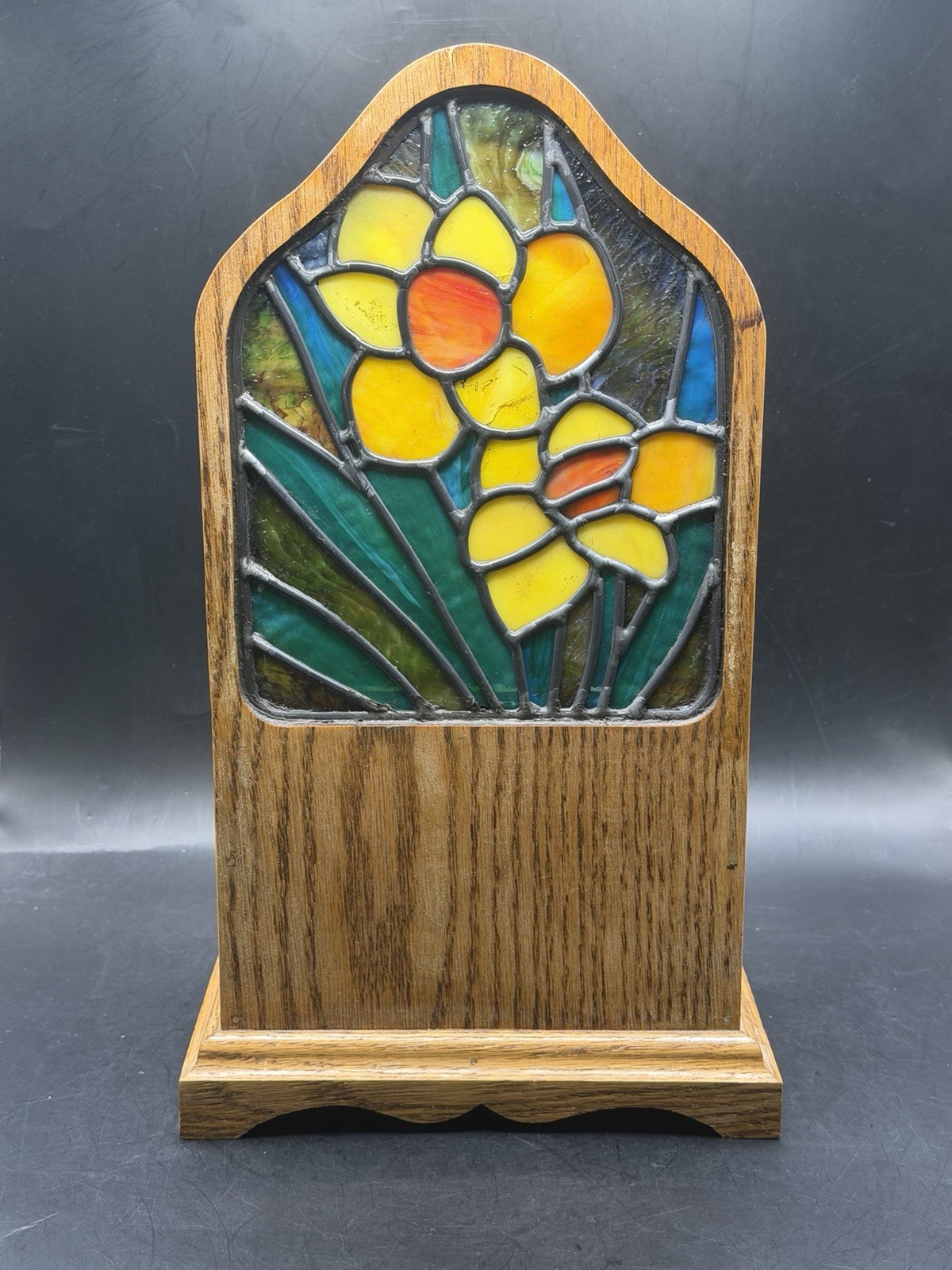 VTG MCM Rare Wooden Desk Organizer Tiffany-Style Stained Glass Flower Design
