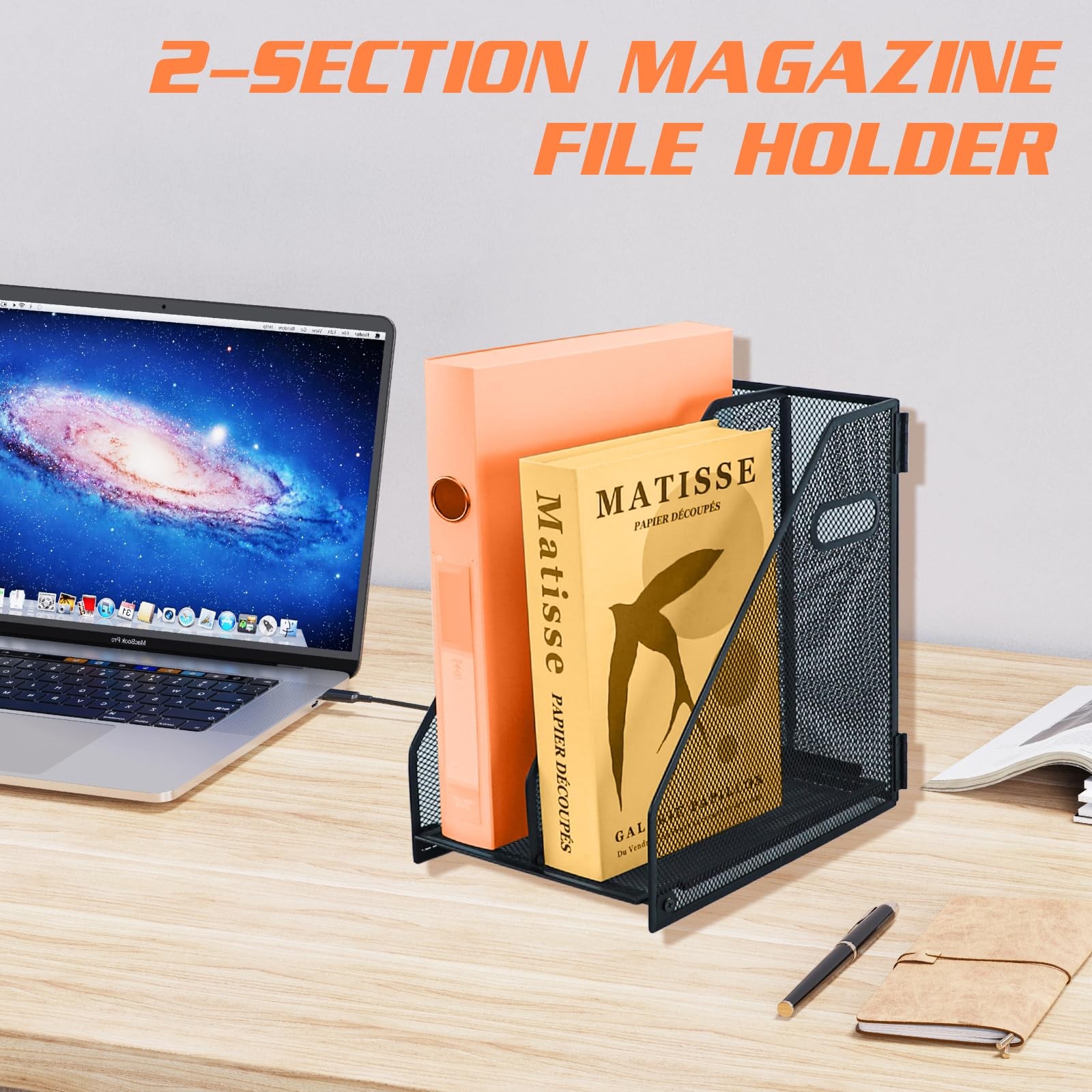 2 Compartments Metal File Rack Mesh Desktop Organizer Office Storage Binder
