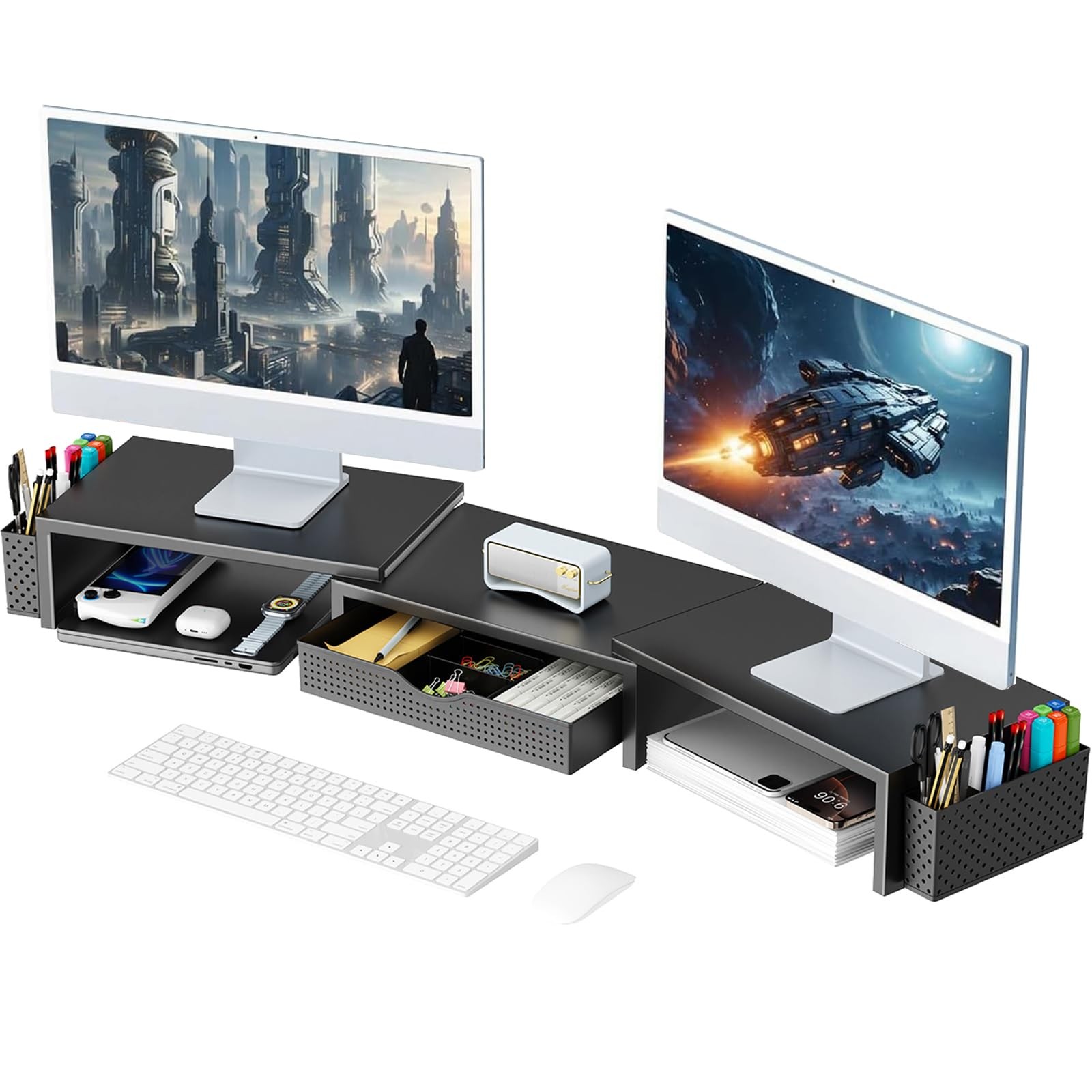 gianotter Dual Monitor Stand Riser, Desk Organizer With Drawer and 2 Black