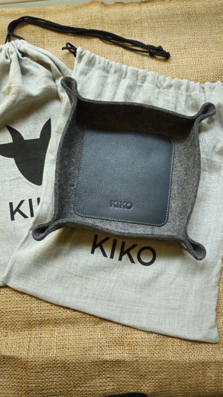 2 New Kiko Leather dresser/desk trays, w/flannel gift bags.