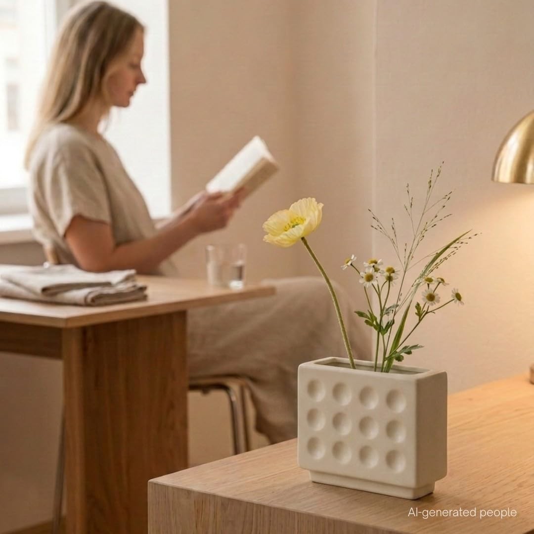 Abstract Square Pen Holder, Modern and Minimalistic Desk (Matte Crème)