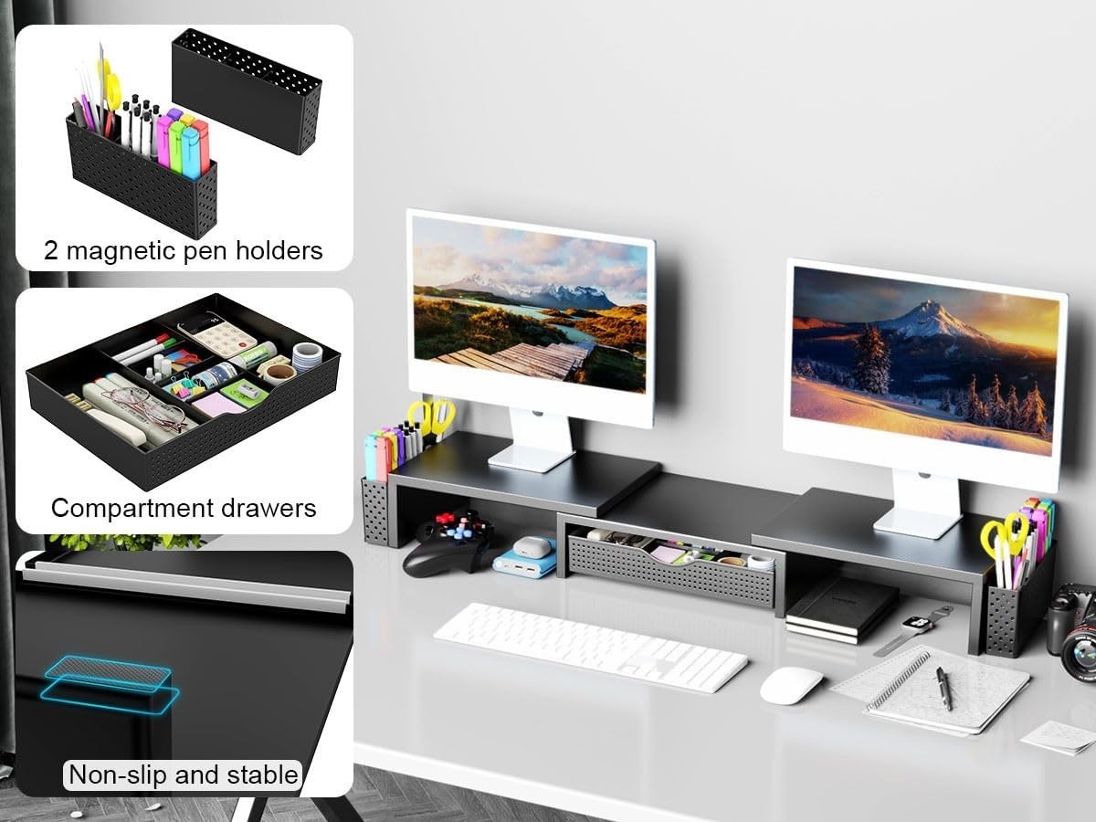 All-in-One Dual Monitor Stand Riser & Workspace Organizer – Black Metal Design