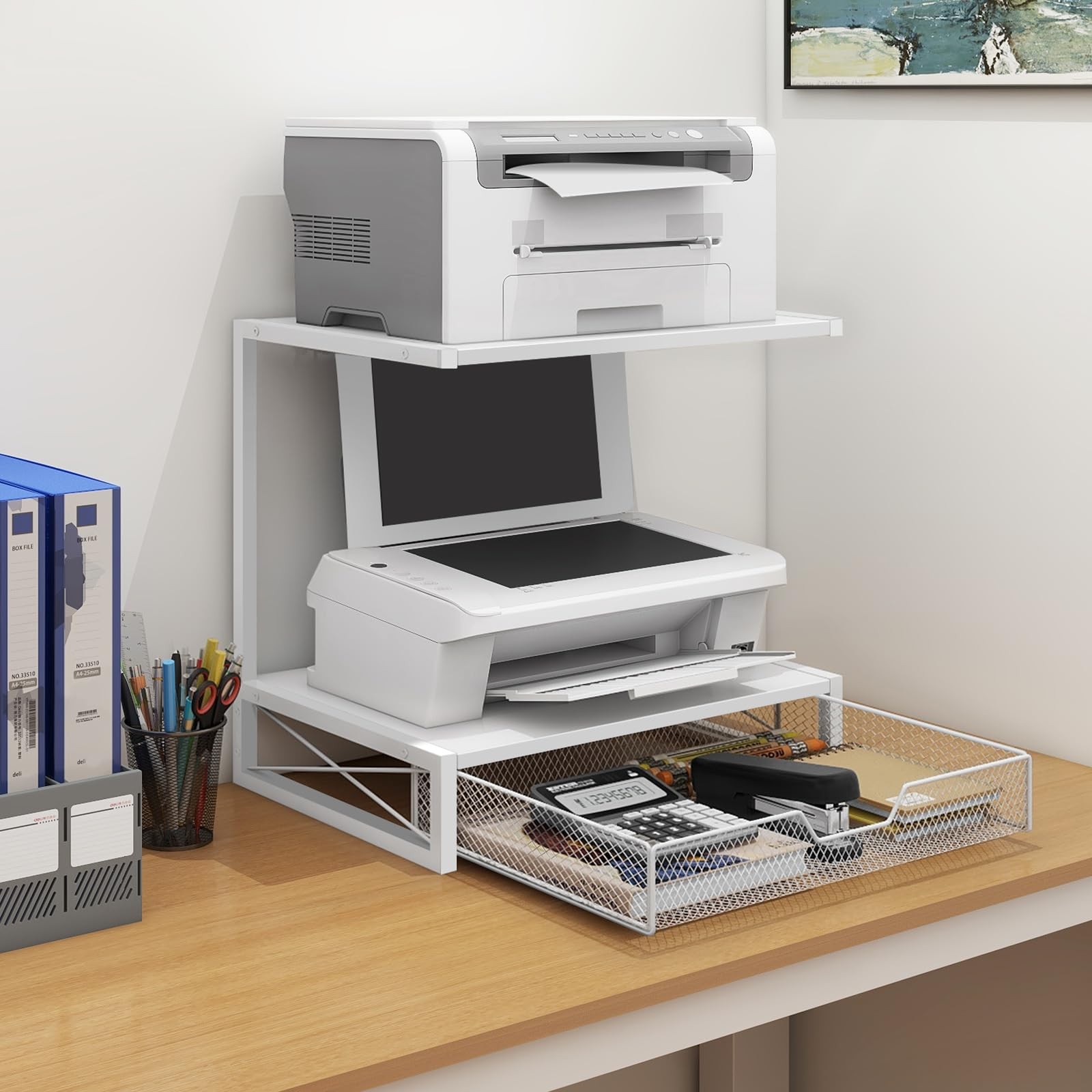 ELITEROO Printer Stand for Desk with Storage Drawer, 2 Tier White Drawer