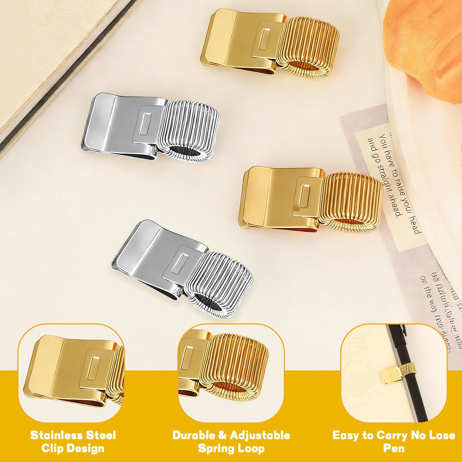 4-Pack Pen Clipboard Holder – Gold and Silver Metal Pencil Holder Clips – Adj…