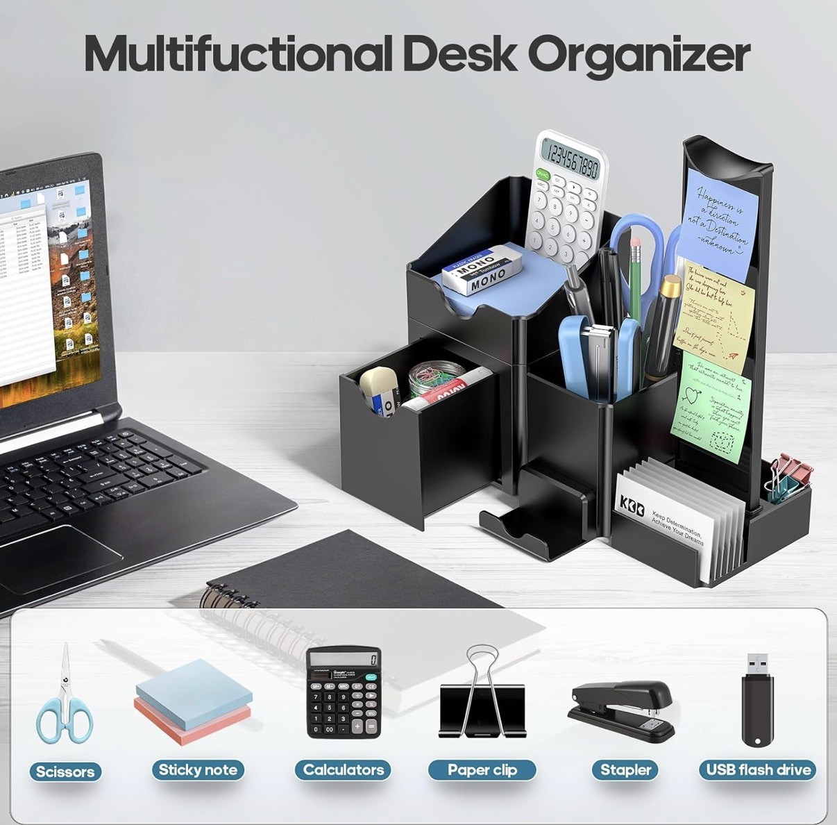 KDD 5-in-1 Desktop Organizer Set Headphone Phone Card Pen Holder Black Plastic