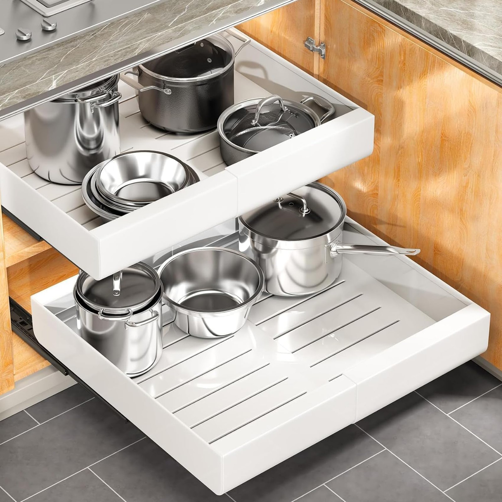 Pull out Cabinet Organizer, Wider 21″D×14″-24″W(2 Pack), White