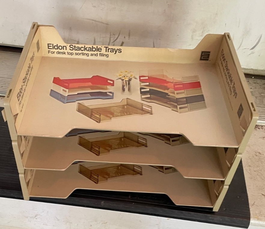 Three Vintage 1978 ELDON OFFICE PRODUCTS Stackable File Trays , Tan