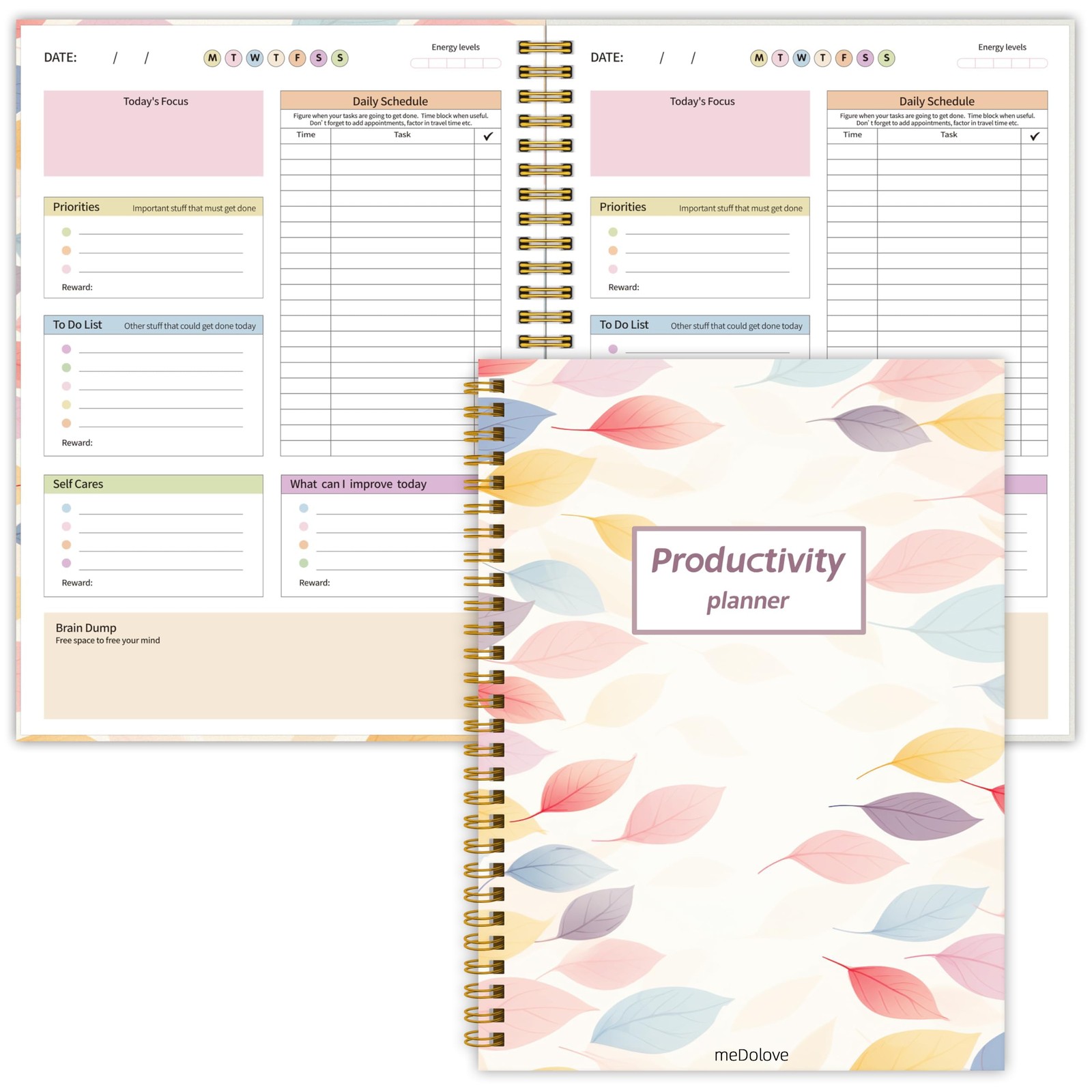 ADHD Planner for Women，Daily Productivity 7 X 10 inches, Colorful Leaves