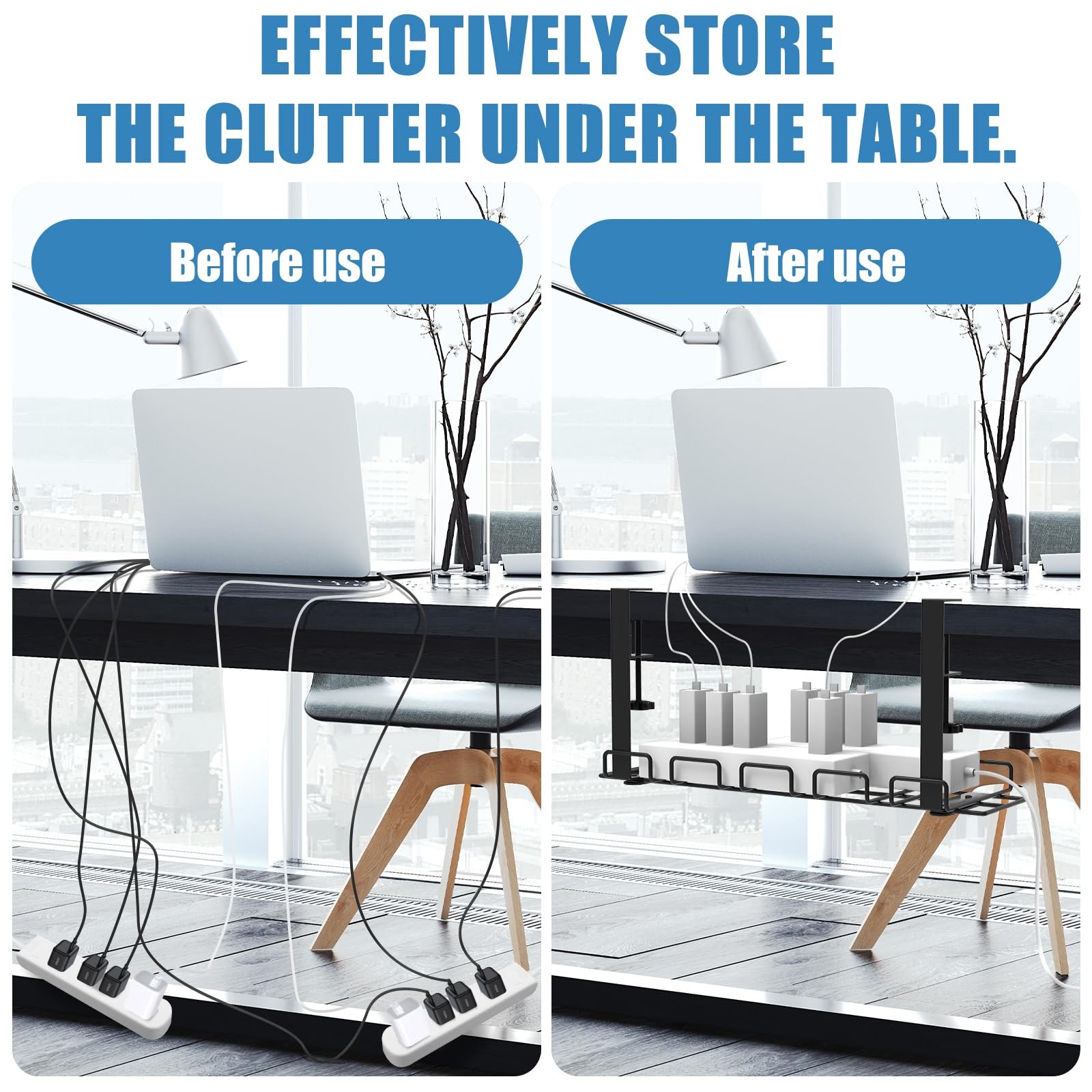 Under Desk Cable Management Tray, No Drill Steel Cord 51-Piece, Black