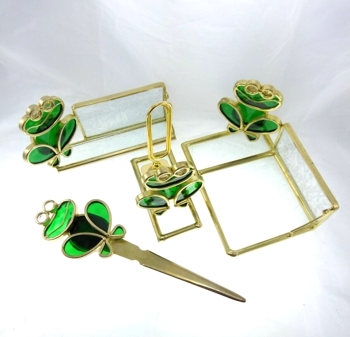 4pc Vintage Glass Brass Frog Desk Set Notepad Business Card Holder Letter Opener