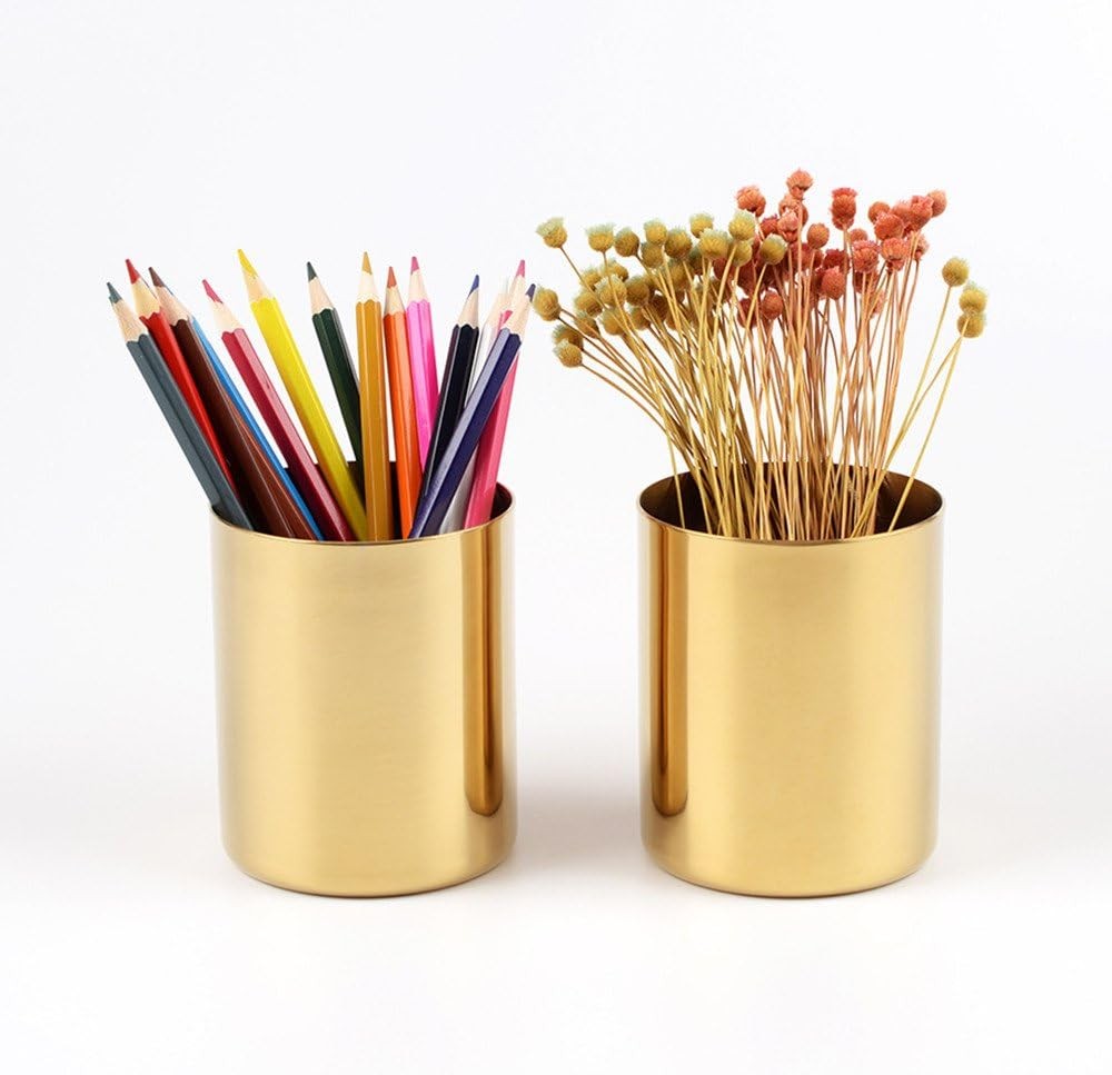 Gold Pen Holder Glossy Stainless Steel Pencil Cup Home Office Desk Organizers