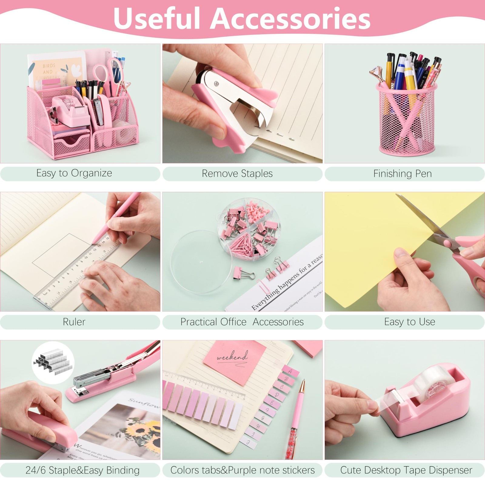 11 Pcs Pink Office Supplies Set Mesh Desk Organizer Accessories Kit include S…