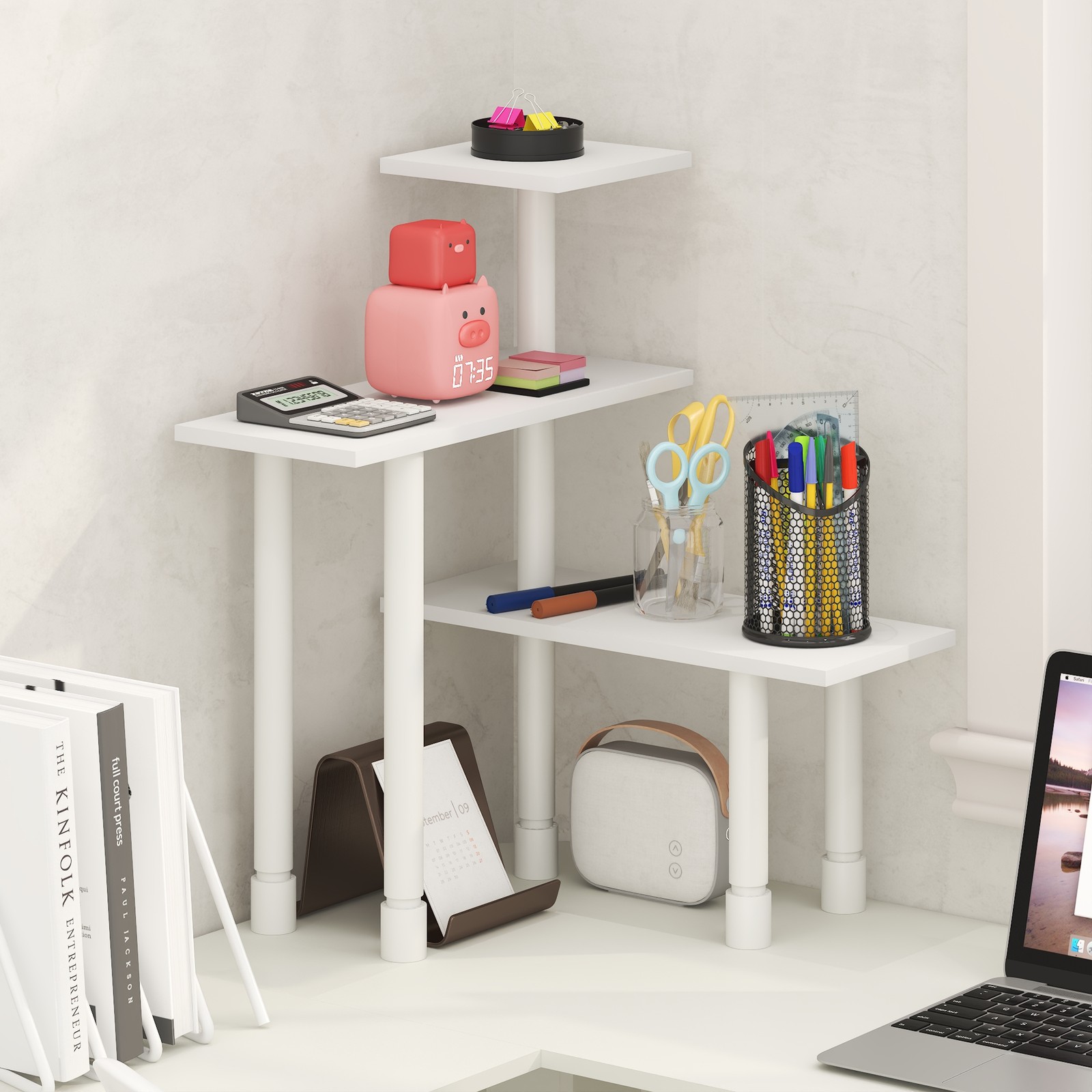 Furinno TURN-N-TUBE 3-Tier Adjustable Desktop Organizer. White