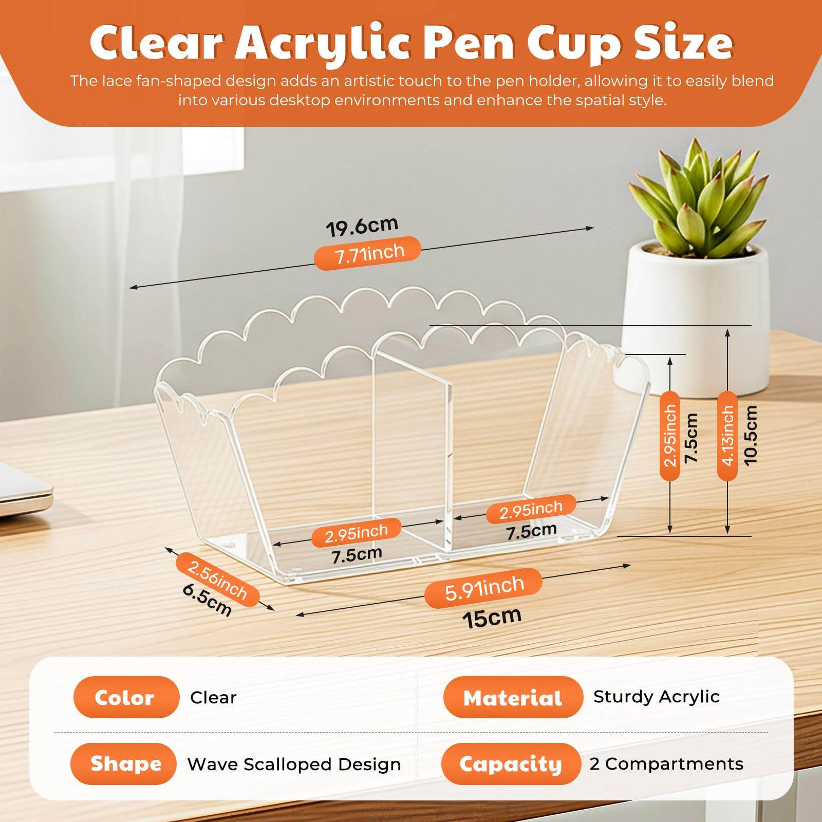 Novacrylion Clear Acrylic Pen Holder 2-Compartment Scalloped Desk Caddy