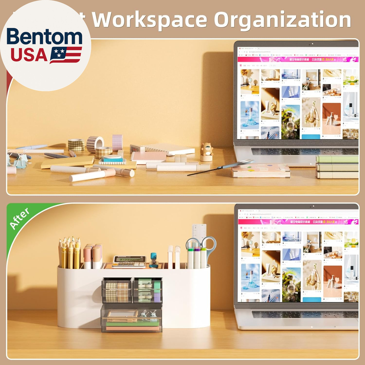 Desk Organizer Pen Holder for Desk with 3 Drawers, Multi-Functional Pencil Holde