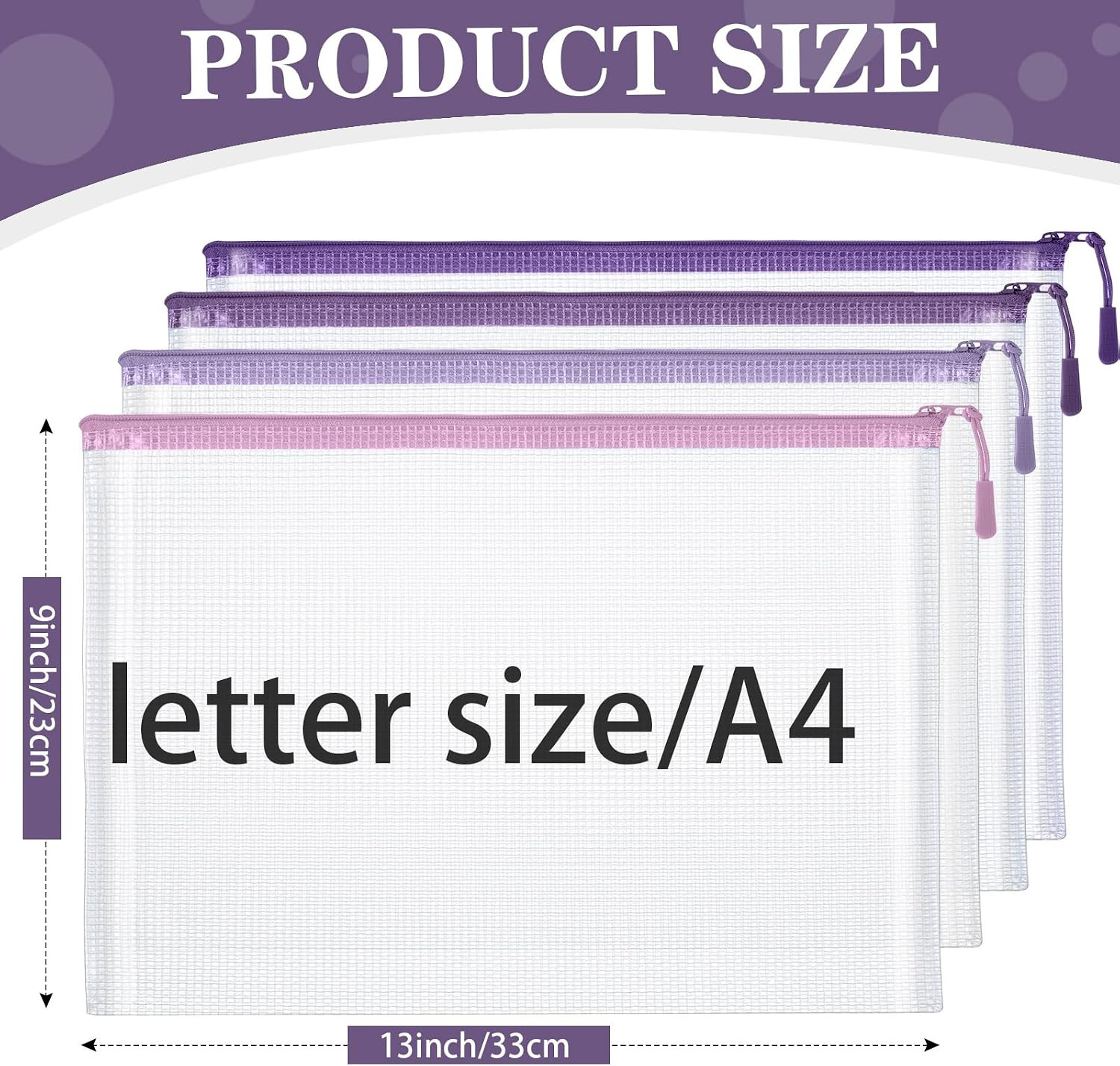 24 Pack Purple Mesh Zipper Pouch Bags, A4 Size Clear Mesh Zipper Storage Bags Bu