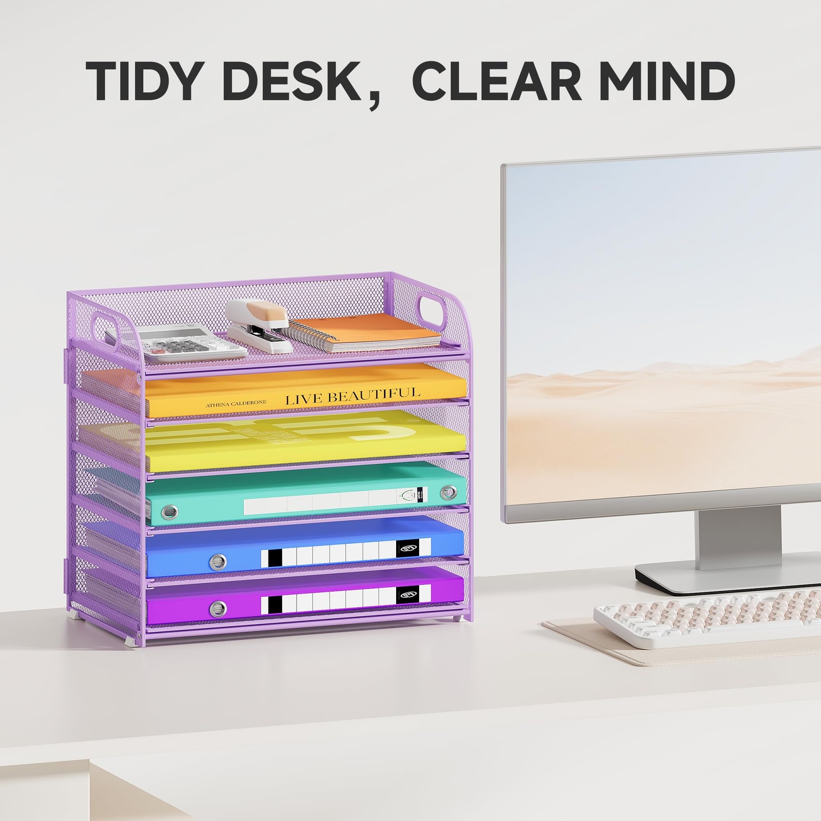 6 Tier Paper Organizer, Purple Letter Tray with Handle, Mesh Desk Organizer, …