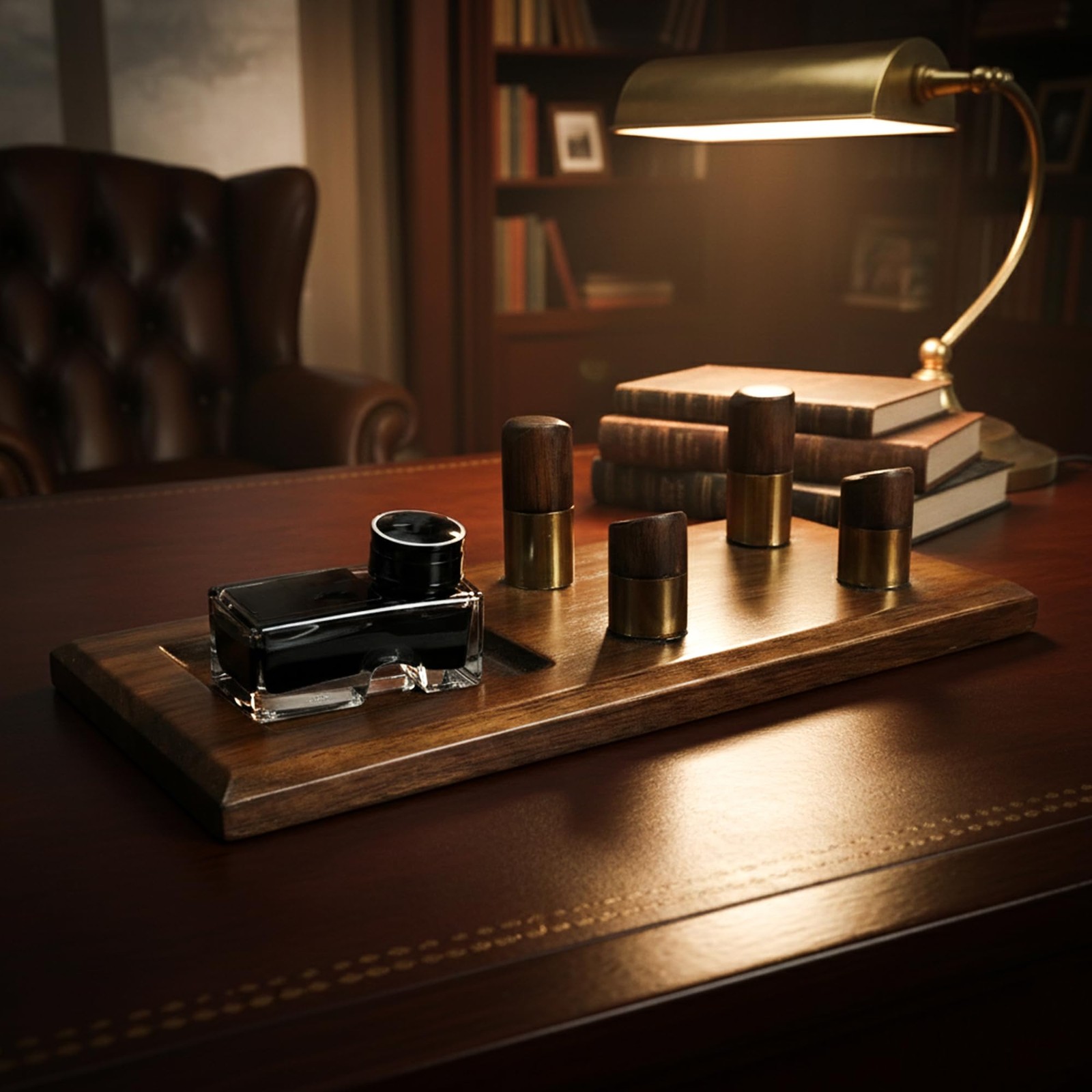 Luxury Wooden Desk Pen Stand with Ink Bottle Holder – Premium Executive Offic…