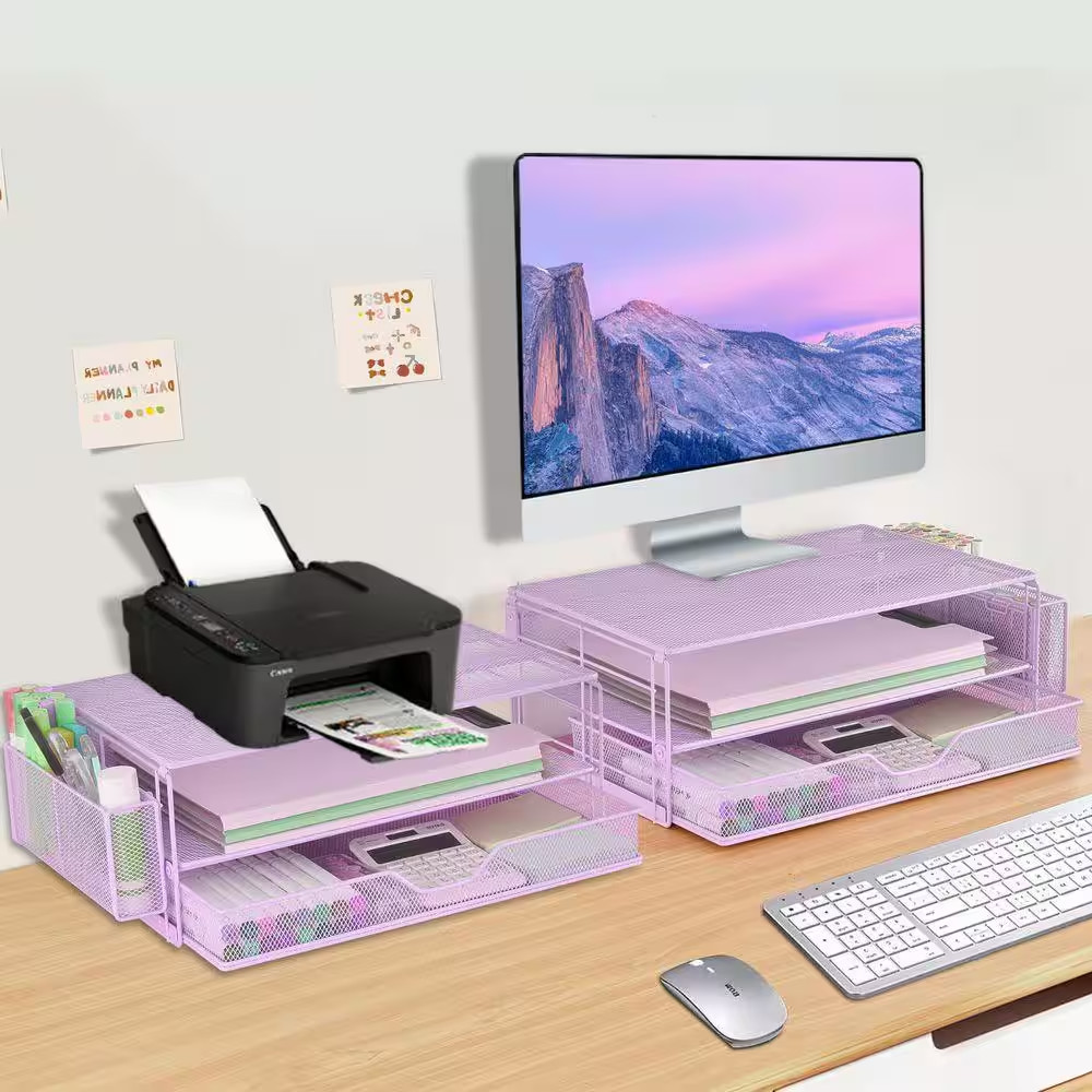 Purple 15.7 In. X 5 In. Metal Modern Desk Organizer Stand with Drawer and 2 Pen