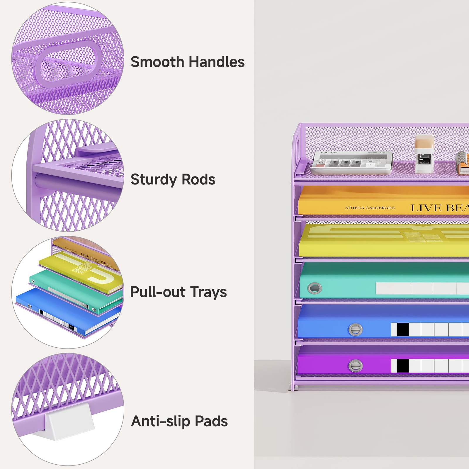 6 Tier Paper Organizer, Purple Letter Tray with Handle, Mesh Desk Organizer, …