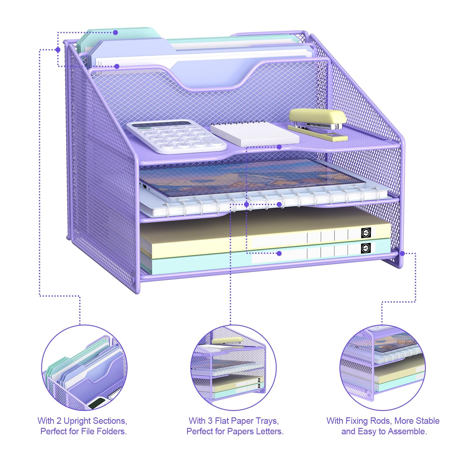 Purple Mesh Desk File Organizer with 3 Trays and 2 Upright Sections
