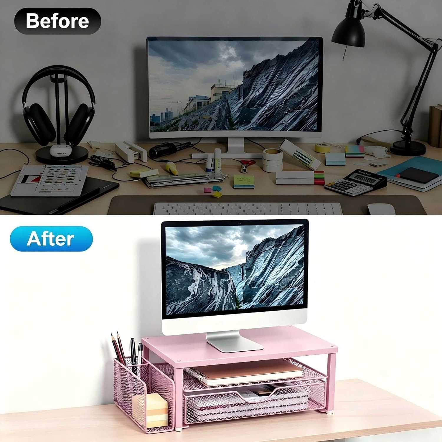 Ergonomic Monitor Stand Riser in Pink with Drawer & Ample Storage for Office
