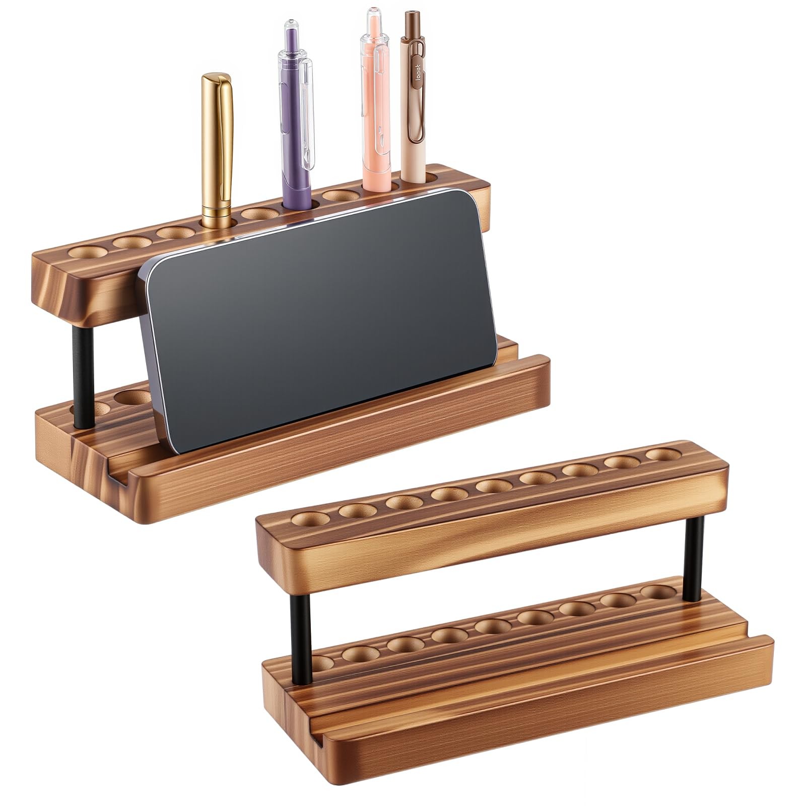 2 Pack Wooden Pen Holder for Desk Pencil Desk Organizer with Stand and 9 Slot…